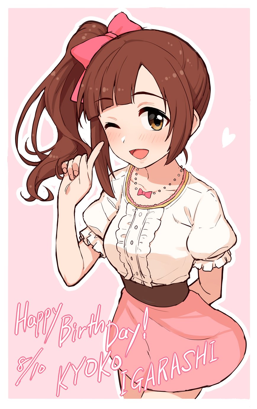 1girl arm_behind_back blush bow brown_eyes brown_hair character_name dated frills hair_bow happy_birthday heart highres idolmaster idolmaster_cinderella_girls igarashi_kyouko index_finger_raised long_hair looking_at_viewer omaru_gyuunyuu one_eye_closed open_mouth pink_background pink_bow pink_shirt pink_skirt puffy_short_sleeves puffy_sleeves shirt short_sleeves side_ponytail skirt smile solo white_border
