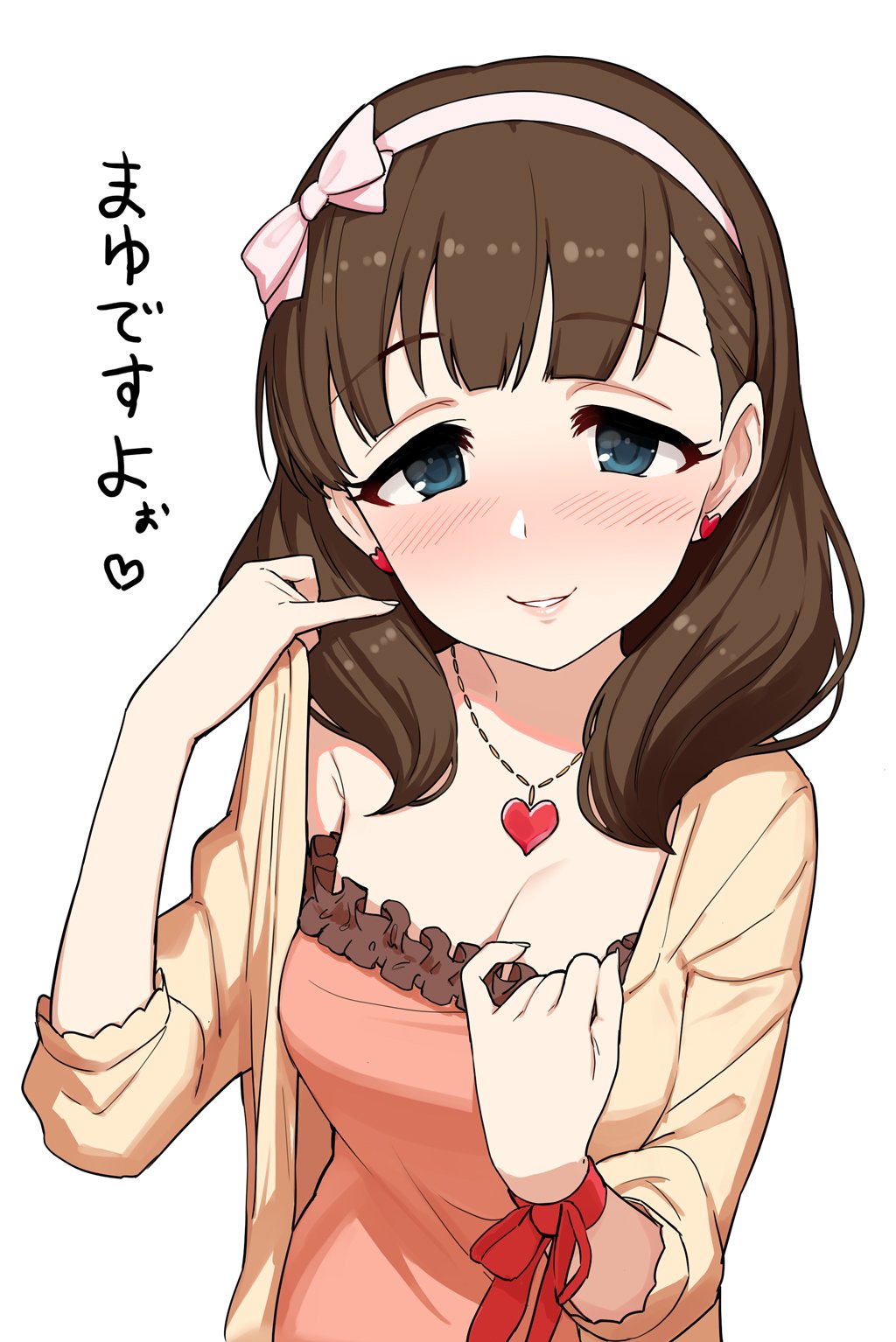 1girl adjusting_clothes bangs beige_sweater blue_eyes blush breasts brown_hair cardigan cleavage dress earrings eyebrows_visible_through_hair frills hairband heart heart_earrings heart_pendant highres idolmaster idolmaster_cinderella_girls jewelry medium_breasts necklace omaru_gyuunyuu open_cardigan open_clothes pink_dress red_ribbon ribbon sakuma_mayu short_hair simple_background smile solo translation_request white_background wrist_ribbon