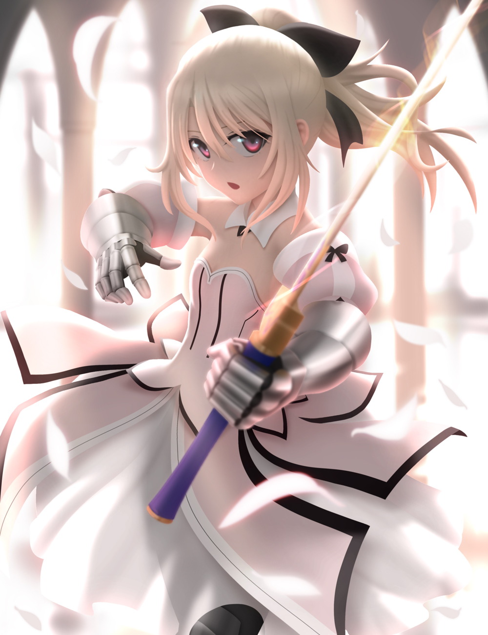 1girl artoria_pendragon_(all) black_bow blonde_hair blurry blurry_background bow commentary cosplay detached_collar detached_sleeves dress excalibur fate/kaleid_liner_prisma_illya fate_(series) flat_chest gauntlets hair_bow highres holding holding_sword holding_weapon illyasviel_von_einzbern long_hair looking_at_viewer open_mouth petals pink_eyes ponytail saber_lily saber_lily_(cosplay) siraha solo sword weapon white_dress