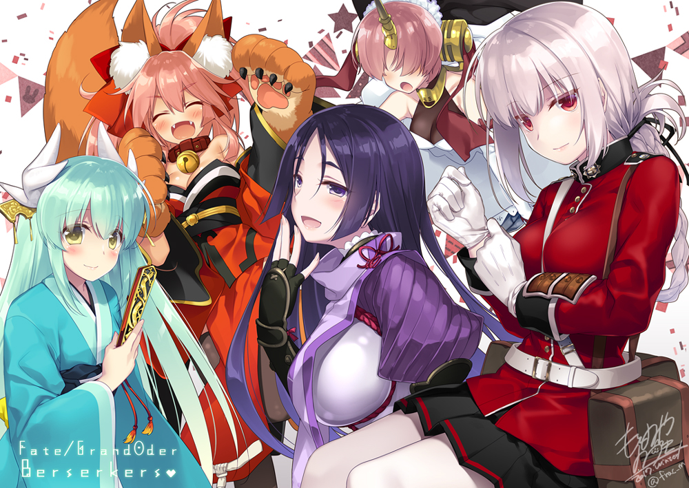 5girls animal_ears aqua_hair bangs bell bell_collar berserker_of_black black_gloves bodysuit braid breasts bridal_veil cat_paws closed_eyes collar dragon_horns dress eyebrows_visible_through_hair fan fangs fate/apocrypha fate/grand_order fate_(series) fingerless_gloves florence_nightingale_(fate/grand_order) fox_ears fox_tail gloves hair_over_eyes headgear horn horns japanese_clothes jingle_bell kimono kiyohime_(fate/grand_order) large_breasts loincloth long_hair low-tied_long_hair military military_uniform minamoto_no_raikou_(fate/grand_order) motomiya_mitsuki multiple_girls obi open_mouth parted_bangs paw_gloves paws pink_hair purple_bodysuit purple_hair ribbed_sleeves rope sash short_hair single_braid smile tabard tail tamamo_(fate)_(all) tamamo_cat_(fate) uniform veil very_long_hair violet_eyes white_dress white_gloves yellow_eyes