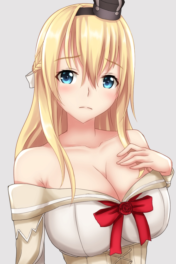 1girl blonde_hair blue_eyes blush breasts collarbone crown dress grey_background hair_between_eyes kantai_collection large_breasts long_hair long_sleeves mini_crown off-shoulder_dress off_shoulder red_ribbon ribbon simple_background solo tapisuke warspite_(kantai_collection) white_dress