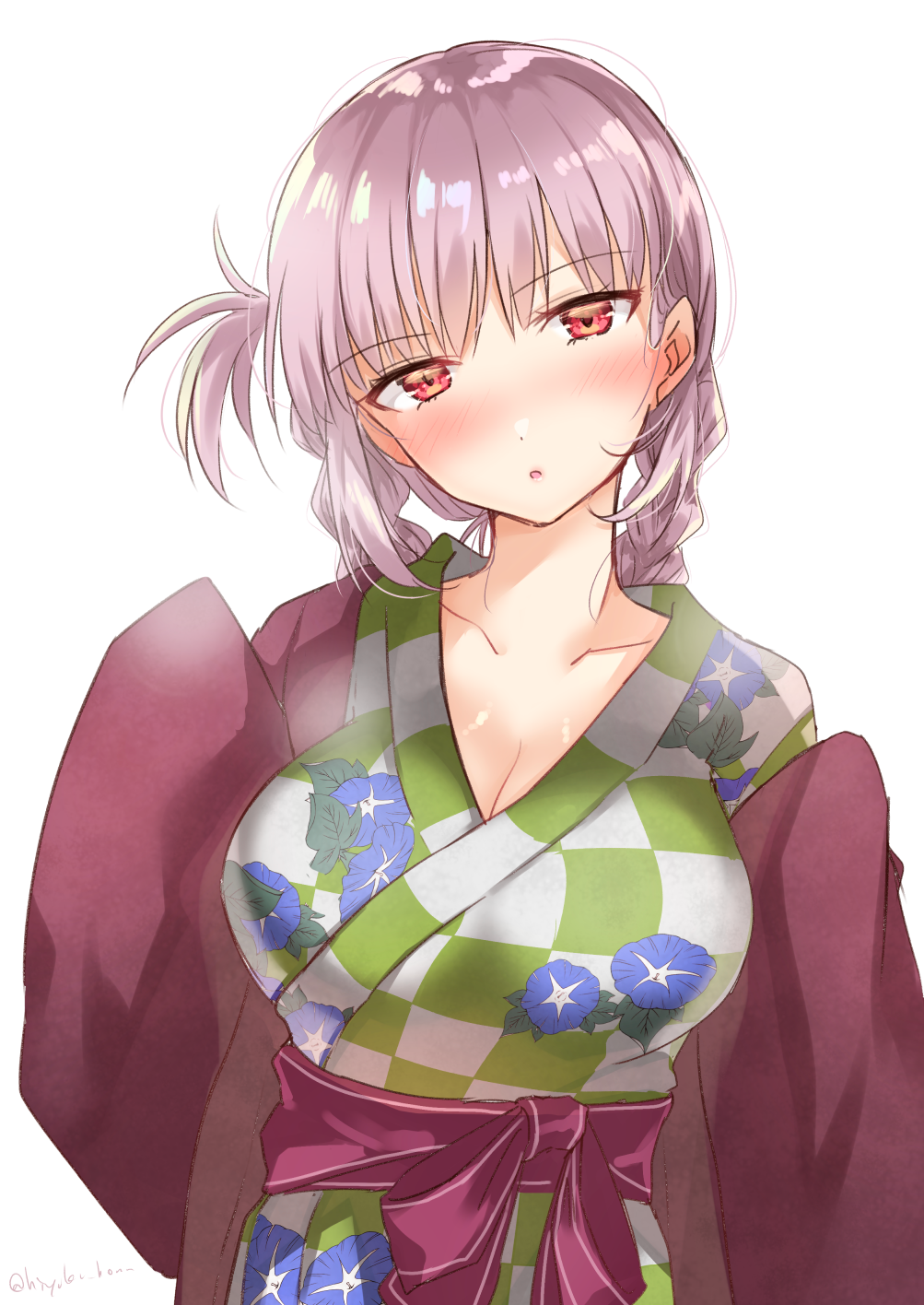 1girl blush braid breasts cleavage fate/grand_order fate_(series) florence_nightingale_(fate/grand_order) highres hiyoko_biimu japanese_clothes kimono large_breasts long_hair looking_at_viewer pink_hair red_eyes single_braid solo upper_body yukata