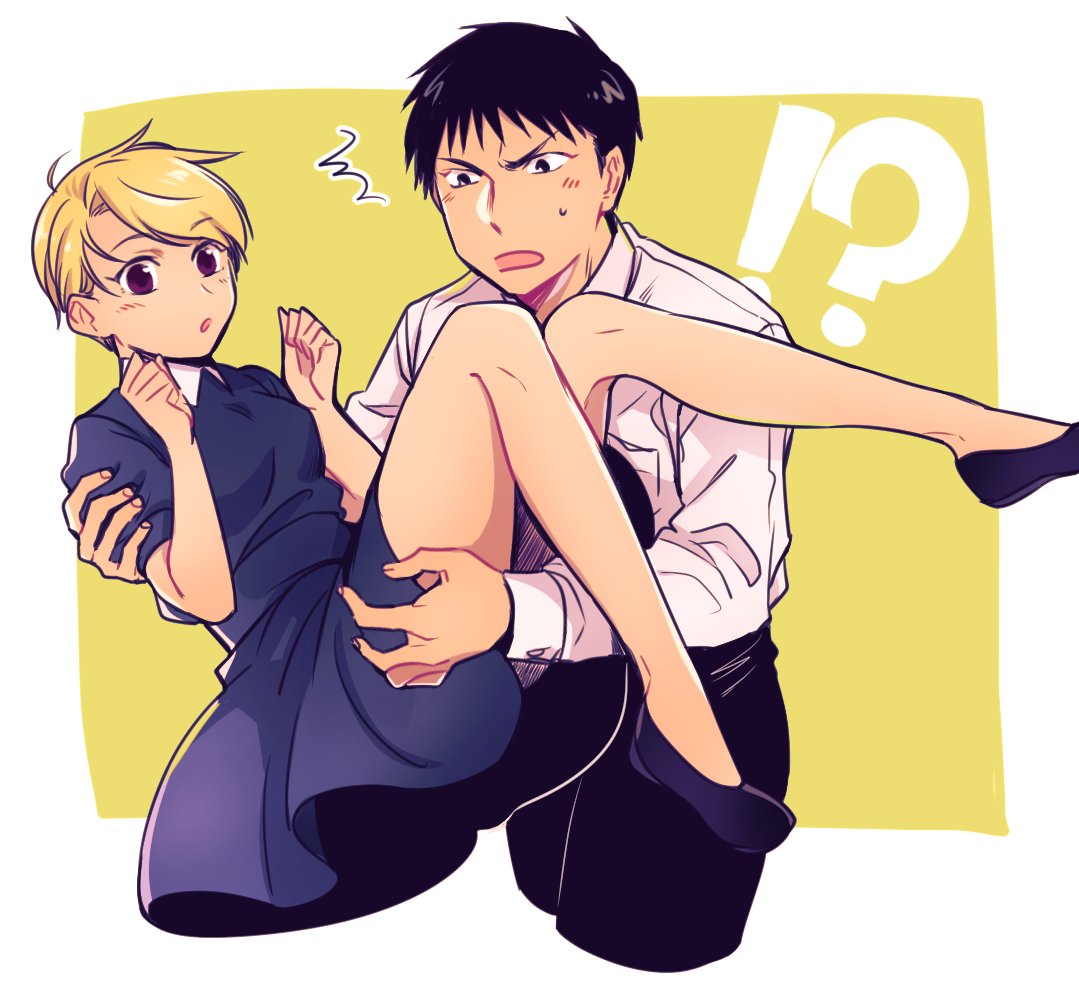 !? /\/\/\ 1boy 1girl :o bare_legs black_eyes black_hair blonde_hair blue_dress brown_eyes carrying dress eyebrows_visible_through_hair fullmetal_alchemist long_sleeves makaron611 nervous open_mouth riza_hawkeye roy_mustang shirt short_hair simple_background sweatdrop white_background white_shirt yellow_background