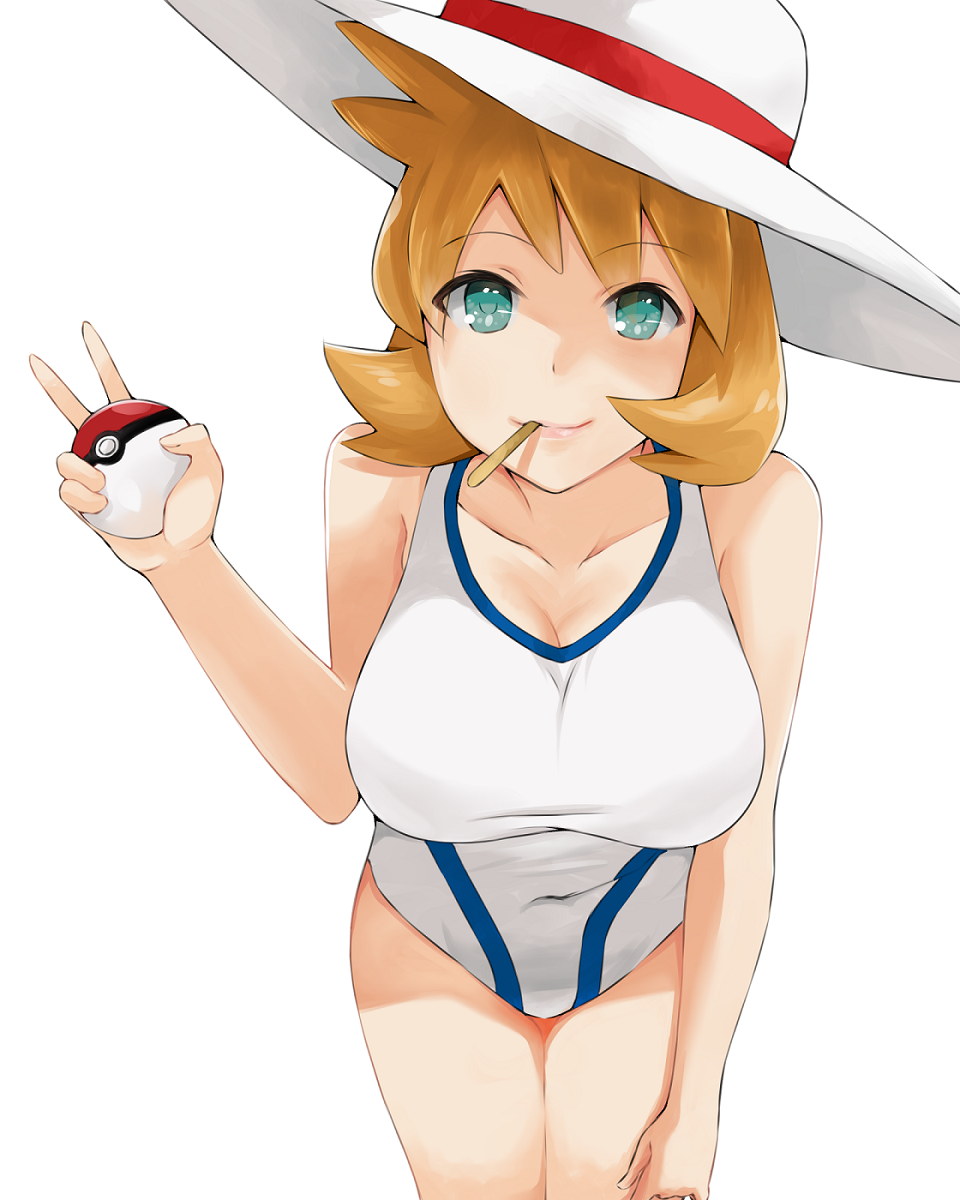 1girl blue_eyes blush breasts cleavage collarbone covered_navel cowboy_shot food food_in_mouth hat highres ice_cream j@ck kasumi_(pokemon) large_breasts leaning_forward looking_at_viewer one-piece_swimsuit orange_hair poke_ball pokemon pokemon_(game) pokemon_hgss short_hair smile solo sun_hat swimsuit