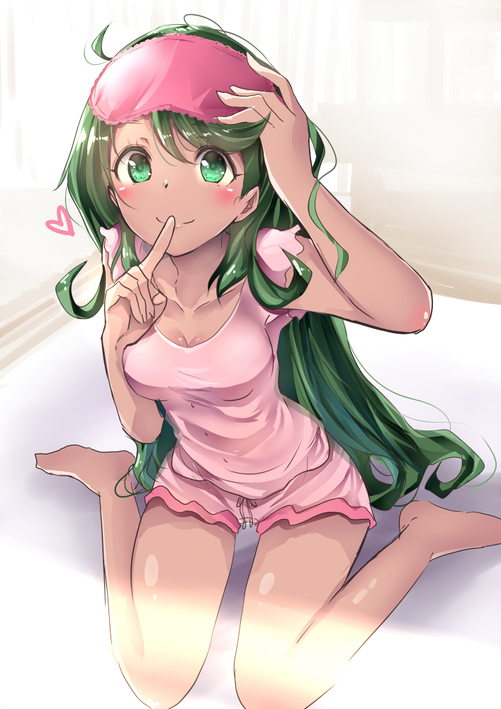 1girl alternate_costume alternate_hairstyle bed blush dark_skin finger_to_mouth green_eyes green_hair hand_on_headwear heart index_finger_raised mallow_(pokemon) pink_shirt pink_shorts pokemon pokemon_(game) pokemon_sm seiza shirt shorts sitting sleep_mask smile solo trial_captain