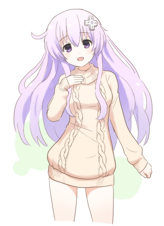 1girl :d drawfag hand_up long_hair looking_at_viewer nepgear neptune_(series) open_mouth purple_hair sketch smile solo standing sweater
