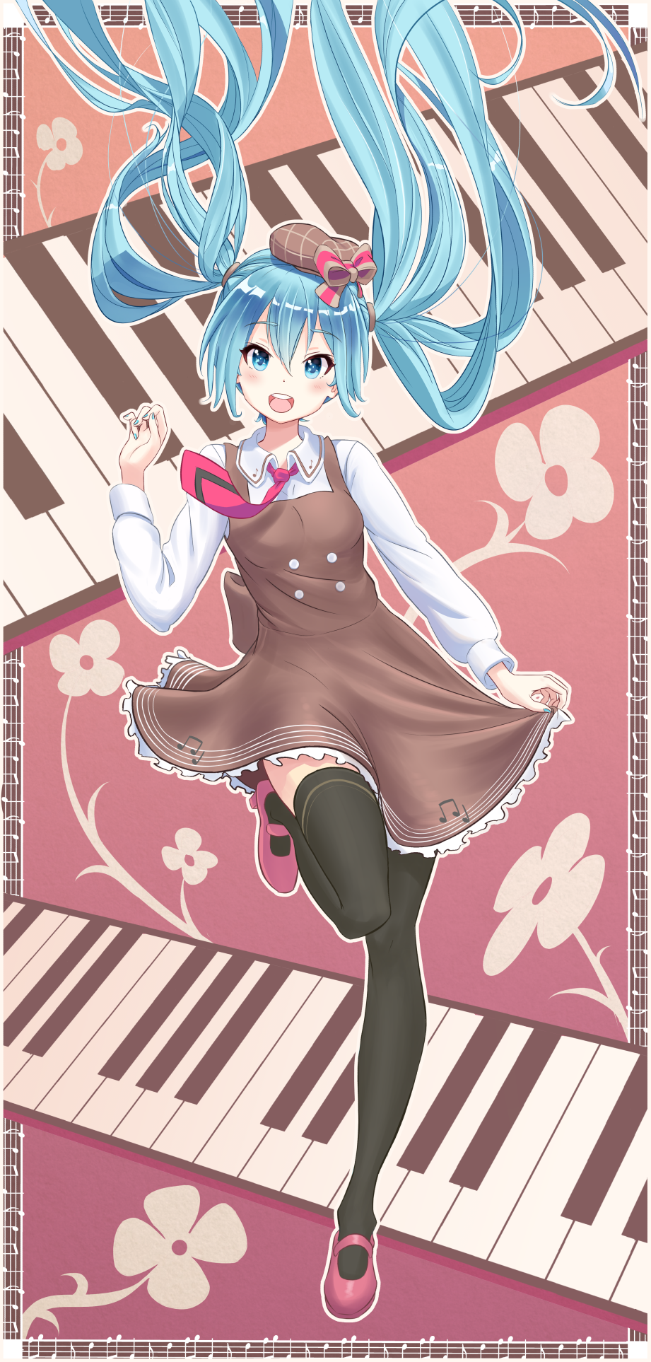 1girl aqua_eyes aqua_hair bibboss39 black_legwear blush bow brown_dress dress eyebrows_visible_through_hair floating_hair flower full_body hat hatsune_miku highres long_hair looking_at_viewer mary_janes musical_note nail_polish necktie open_mouth piano_keys pink_footwear shoes skirt_hold solo thigh-highs twintails very_long_hair vocaloid