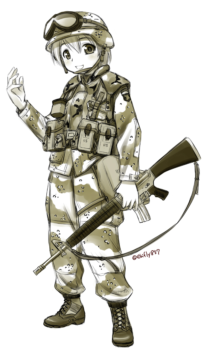 1girl :d assault_rifle blush boots camouflage ebifly full_body goggles goggles_on_headwear gun hair_between_eyes helmet holding holding_gun holding_weapon looking_at_viewer military monochrome open_mouth original pants pouch rifle shirt simple_background smile solo standing stasnding twitter_username vest weapon white_background