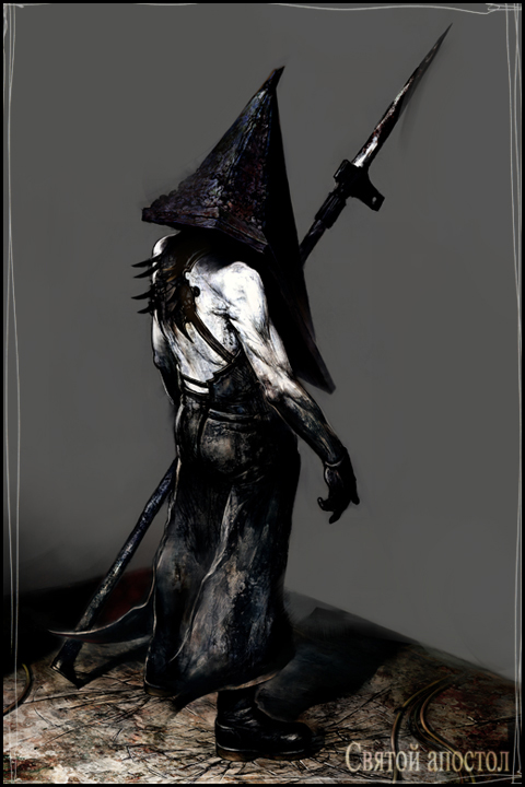 1boy apron blood commentary_request gloves hat helmet male_focus masahiro_ito mask monster muscle pyramid_head silent_hill silent_hill_2 solo weapon