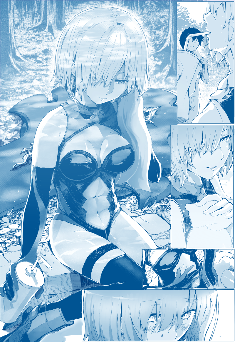 1boy 1girl bench blue blush breasts closed_mouth comic commentary_request drinking drinking_cup drinking_straw drying drying_body drying_hair fate/grand_order fate_(series) forest fujimaru_ritsuka_(male) hair_over_one_eye half-closed_eyes holding leotard light_smile mash_kyrielight medium_breasts monochrome nature navel navel_cutout outdoors parted_lips shield short_hair smile syatey towel