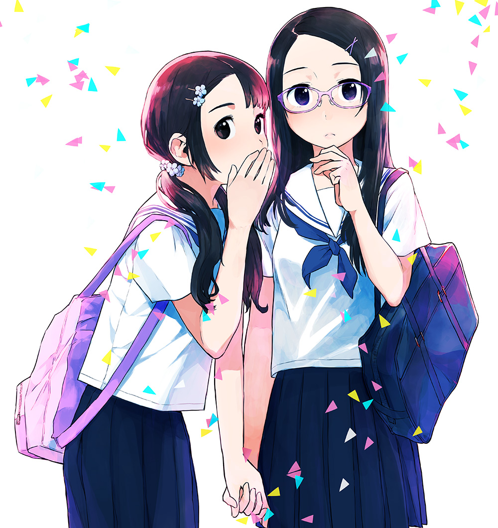 2girls bag black_hair blue_eyes blue_skirt brown_eyes confetti cowboy_shot flower glasses hair_flower hair_ornament hand_holding hand_on_own_chin holding_hand long_hair looking_at_viewer low_twintails morifumi multiple_girls necktie original pleated_skirt sailor_collar school_bag school_uniform serafuku shirt short_sleeves shoulder_bag skirt standing twintails uniform whispering white_sailor_collar white_shirt