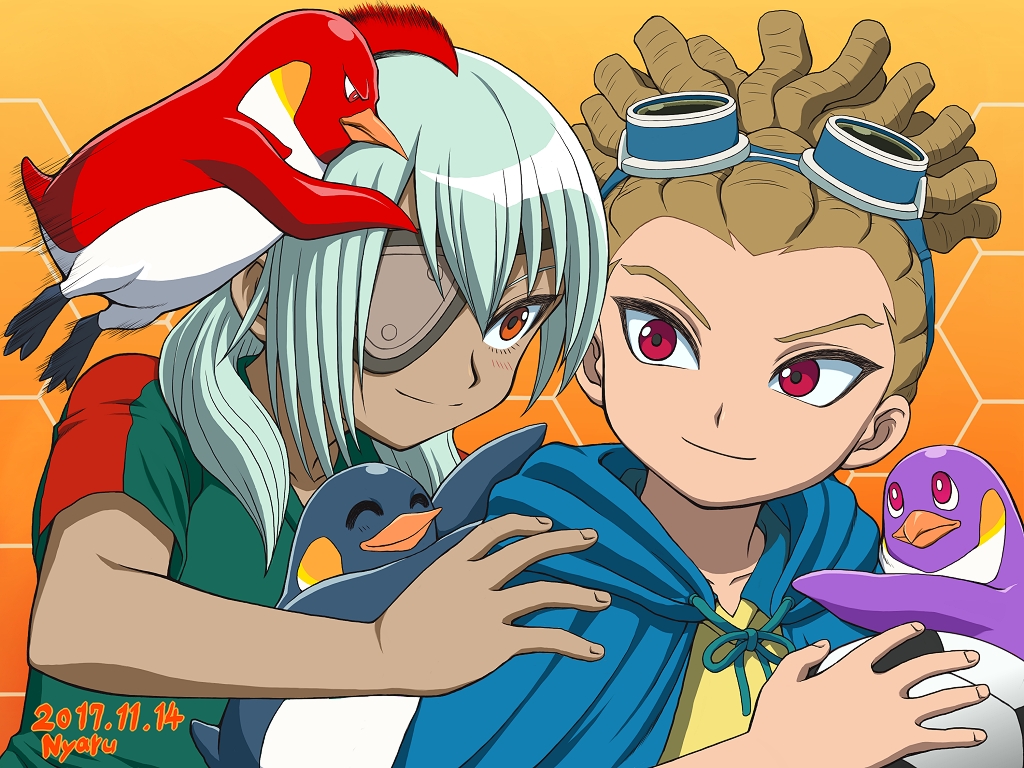 2boys bird cape eyepatch goggles goggles_on_head hairlocs inazuma_eleven inazuma_eleven_(series) kidou_yuuto light_green_hair long_hair male_focus multiple_boys penguin sakuma_jirou smile soccer_uniform sportswear