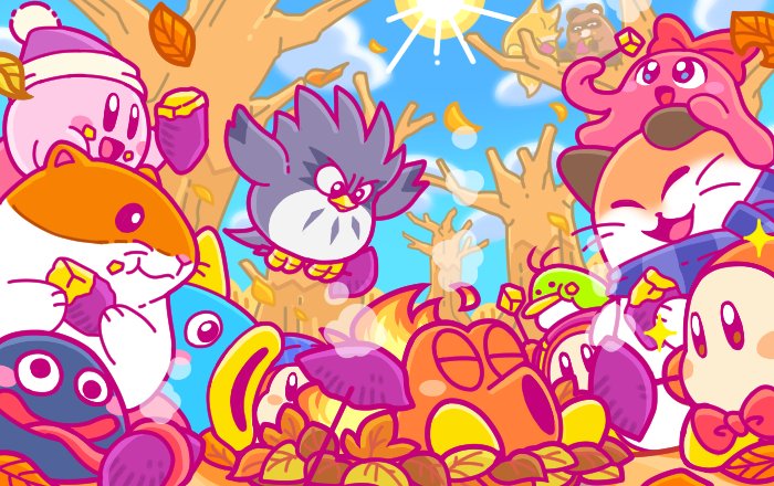 1girl 5boys autumn autumn_leaves beanie bird blush_stickers bobblehat bow bowtie cat chuchu_(kirby) commentary_request con_(kirby) coo_(kirby) eating fish food fox gooey hamster hat hot_head_(kirby) kine_(kirby) kirby kirby_(series) leaf multiple_boys nago no_humans octopus official_art owl pitch_(kirby) pon_(kirby) rick_(kirby) roasting sun sweet_potato tanuki tree waddle_dee