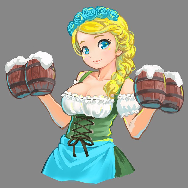 1girl alcohol apron bare_arms bare_shoulders beer beer_mug blonde_hair blouse blue_apron blue_eyes blue_rose bodice braid breasts cleavage closed_mouth collarbone cowboy_shot cropped_torso cross-laced_clothes detached_sleeves dirndl dress eyelashes flower foam german_clothes green_dress grey_background hair_flower hair_ornament hair_over_shoulder head_wreath himeshaga large_breasts looking_at_viewer original ribbon_trim rose simple_background single_braid smile solo underbust waist_apron white_blouse