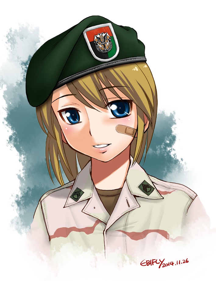 1girl bandaid bandaid_on_cheek beret blonde_hair blue_background blue_eyes blush brown_shirt dated ebifly eyebrows_visible_through_hair hair_between_eyes hat jacket looking_at_viewer military military_uniform original parted_lips portrait shirt signature smile solo uniform