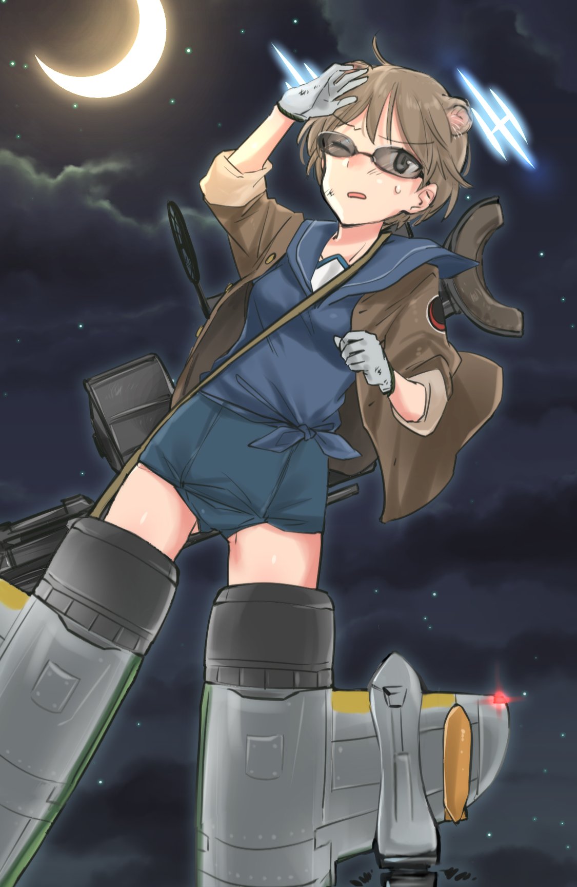 1girl amefre animal_ears bangs black_jacket blouse blue_blouse brown_eyes brown_hair carrying clouds cloudy_sky commentary_request crescent_moon eyebrows_visible_through_hair flying gloves gun highres hirschgeweih_antennas jacket moon night night_sky no_pants one-piece_swimsuit one_eye_closed original parted_lips rimless_eyewear sailor_collar shading_eyes short_hair sky sleeves_rolled_up solo star_(sky) starry_sky striker_unit sunglasses swimsuit swimsuit_under_clothes weapon weapon_request white_gloves world_witches_series