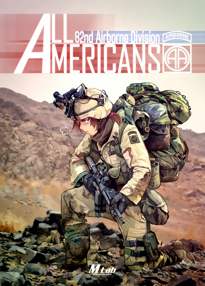 1girl assault_rifle backpack bag boots brown_hair camouflage canteen combat_boots cover cover_page dirty doujin_cover drop-leg gloves goggles green_eyes gun helmet holding holding_weapon knee_pads kneeling m4_carbine mountain night_vision_device real_life rifle scope short_hair soldier solo thomas_hewitt tri-color_desert us_army weapon