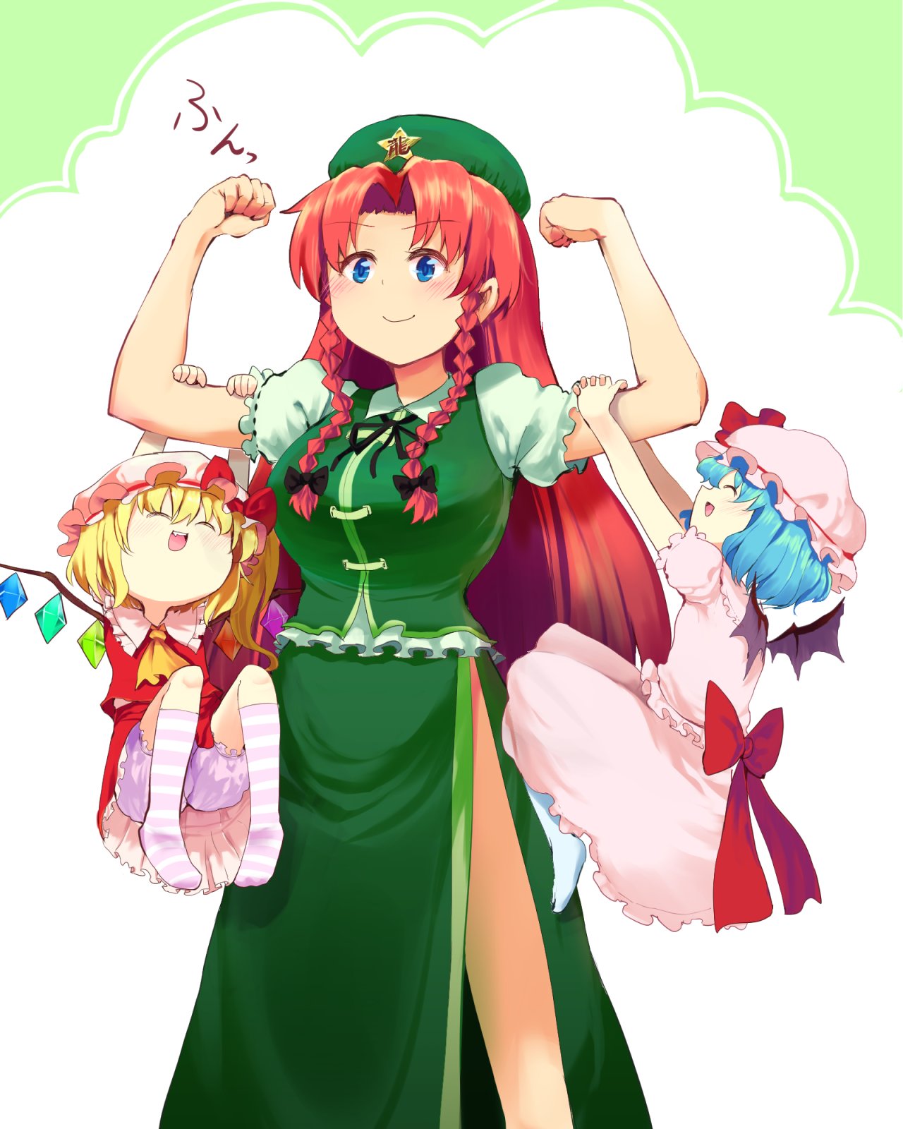beret blonde_hair bloomers blue_eyes blue_hair braid breasts china_dress chinese_clothes commentary commentary_request dress flandre_scarlet frilled_sleeves frills gomeifuku hat highres hong_meiling large_breasts medium_hair red_ribbon redhead remilia_scarlet ribbon short_sleeves side_ponytail skirt touhou twin_braids underwear wings