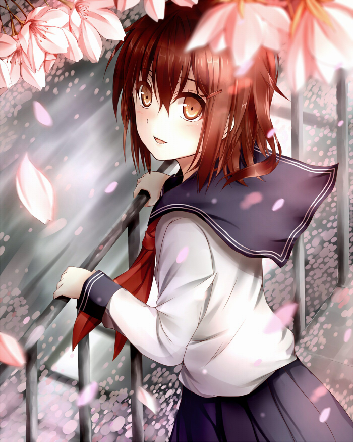 1girl brown_eyes brown_hair cherry_blossoms hair_ornament hairclip ikazuchi_(kantai_collection) kantai_collection long_sleeves looking_at_viewer morizono_shiki open_mouth petals pleated_skirt school_uniform serafuku skirt