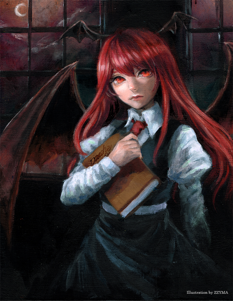 1girl artist_name bat_wings book book_hug closed_mouth clouds collared_shirt commentary_request crescent_moon dark dress_shirt hair_between_eyes head_wings holding holding_book johnalay juliet_sleeves koakuma lips long_hair long_sleeves looking_at_viewer moon necktie night night_sky oil_painting_(medium) puffy_sleeves red_eyes red_neckwear redhead shirt skirt skirt_set sky solo touhou traditional_media vest white_shirt window wings