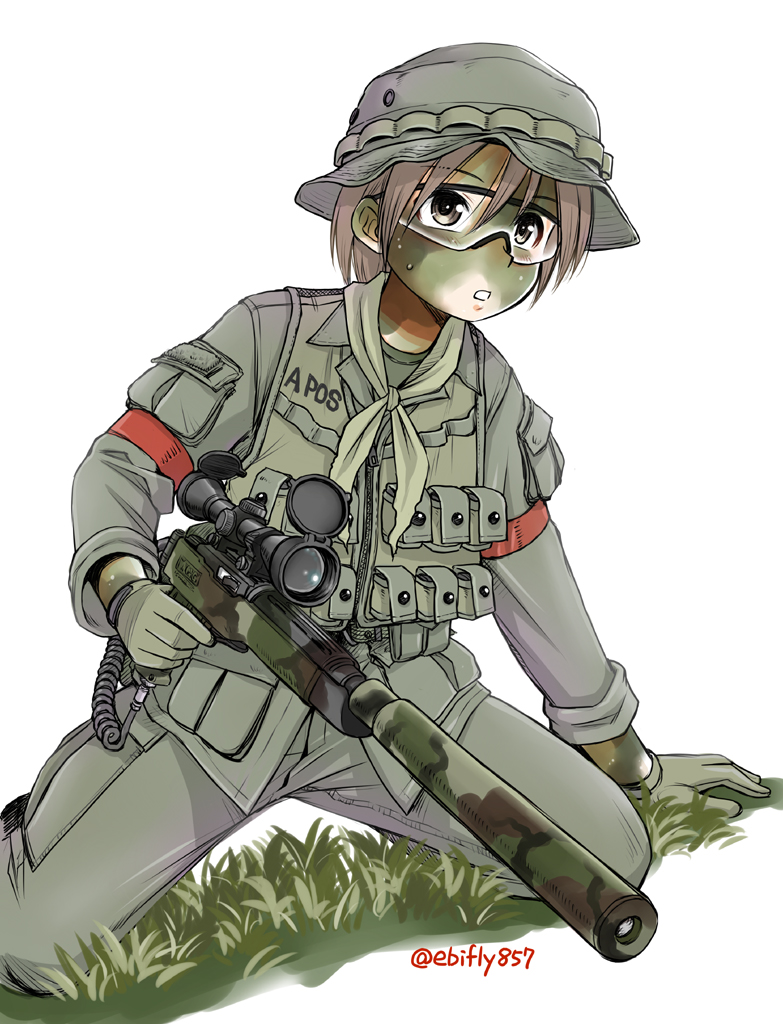 1girl armband brown_hair ebifly eyebrows_visible_through_hair facepaint gloves goggles grass grey_gloves grey_jacket grey_pants gun hair_between_eyes helmet holding holding_gun holding_weapon jacket kneeling long_sleeves military neckerchief original pants pouch rifle scope short_hair simple_background sniper_rifle soldier solo trigger_discipline twitter_username vest weapon white_background
