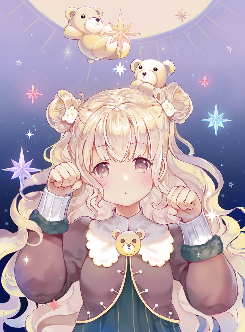 1girl :&lt; arm_up bangs bear_hair_ornament big_hair blonde_hair blue_dress blush brown_eyes brown_jacket closed_mouth commentary_request double_bun dress eyebrows_visible_through_hair hair_ornament hand_up head_tilt jacket long_hair long_sleeves looking_at_viewer original paw_pose sibyl side_bun sidelocks solo star stuffed_animal stuffed_toy teddy_bear very_long_hair