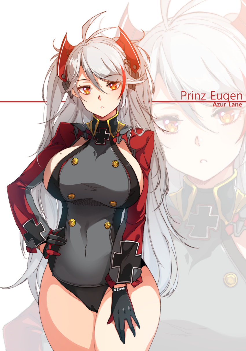 1girl :o antenna_hair azur_lane bangs black_gloves black_leotard breasts character_name covered_navel cowboy_shot double-breasted etsem eyebrows_visible_through_hair gloves grey_hair groin hair_between_eyes hand_on_hip headgear highres hips iron_cross large_breasts leotard long_hair long_sleeves looking_at_viewer military military_uniform mole mole_on_breast multicolored_hair orange_eyes parted_lips prinz_eugen_(azur_lane) redhead sideboob solo standing streaked_hair swept_bangs thighs tsurime two_side_up uniform very_long_hair zoom_layer