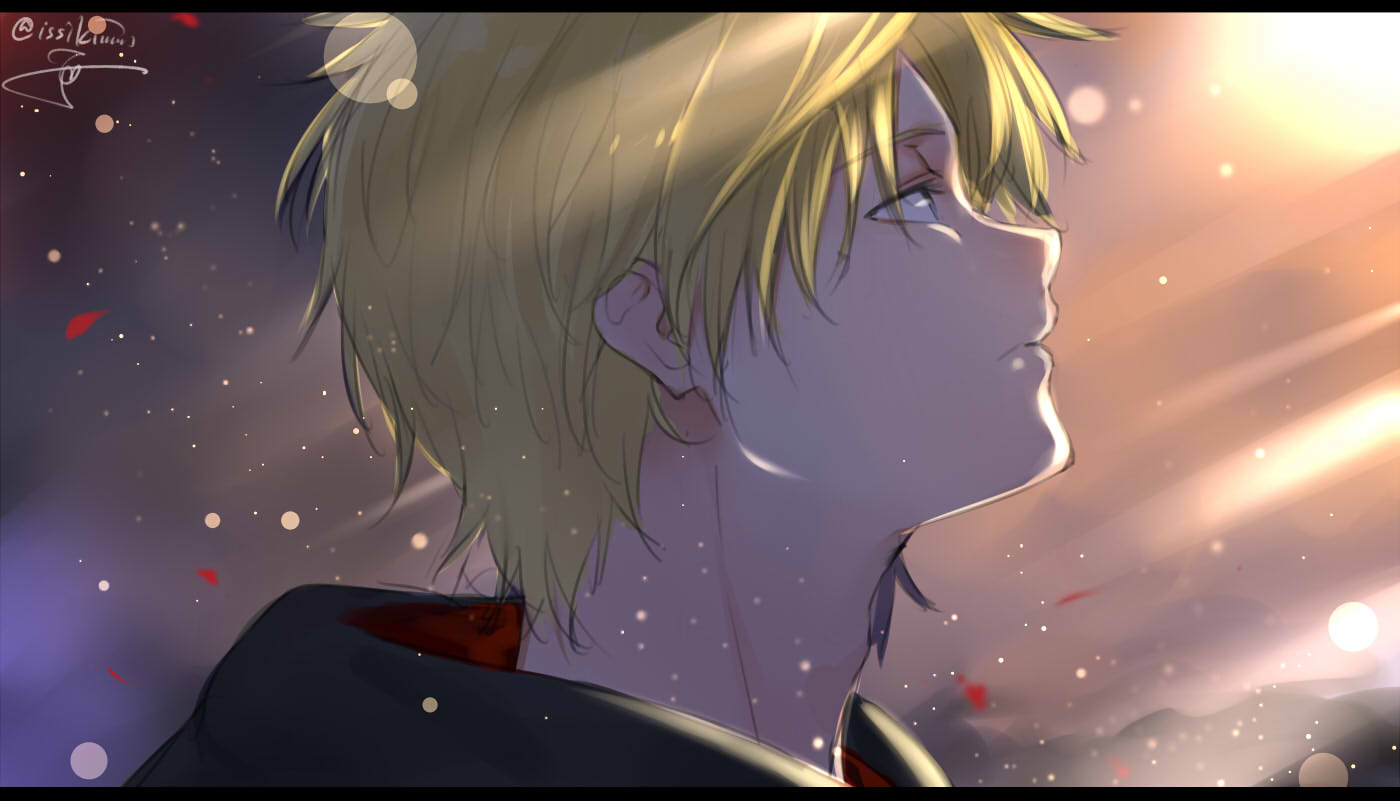 1boy artist_name blonde_hair blue_eyes from_side hood hoodie isshiki_(ffmania7) jaune_arc letterboxed male_focus rwby signature solo twitter_username