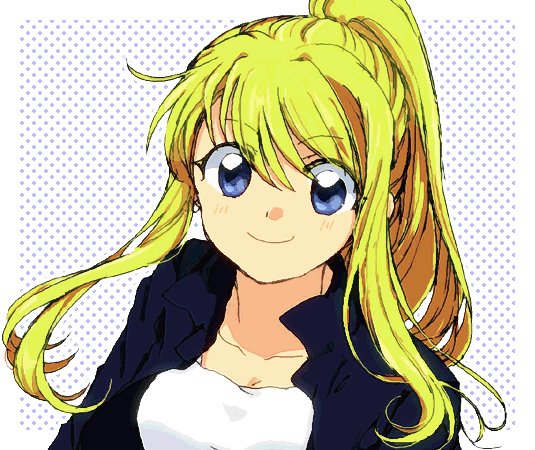 1girl bangs blonde_hair blue_background blue_eyes blush eyebrows_visible_through_hair fullmetal_alchemist happy jacket long_hair looking_at_viewer ponytail shirt simple_background smile solo_focus tsukuda0310 white_background white_shirt winry_rockbell