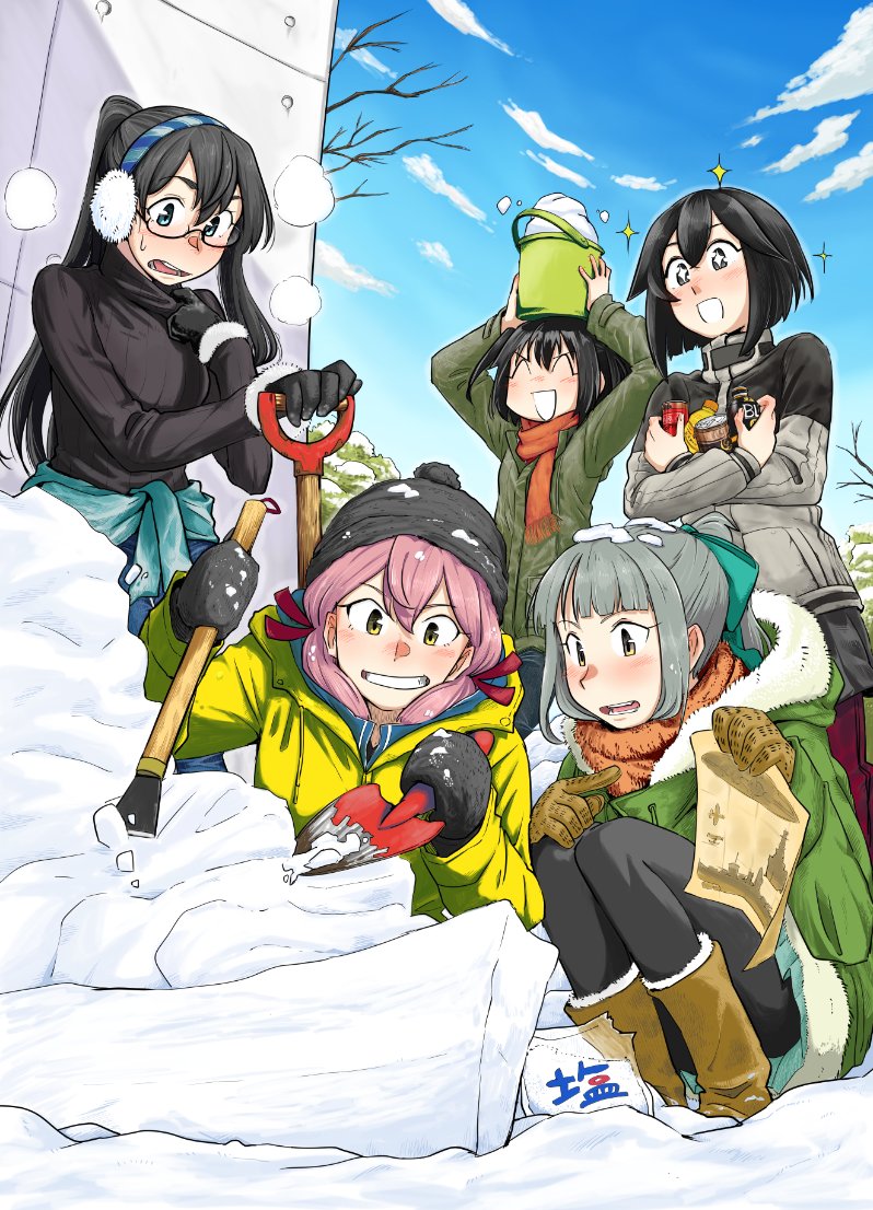 akashi_(kantai_collection) alternate_costume boots breath coat earmuffs fur_trim gloves hayasui_(kantai_collection) jacket kantai_collection long_hair long_sleeves mittens multiple_girls ooyodo_(kantai_collection) open_mouth outdoors scarf sendai_(kantai_collection) shovel shoveling smile snow snow_shovel snowing sparkling_eyes tarutaru_gungun winter winter_clothes winter_coat worktool yuubari_(kantai_collection)