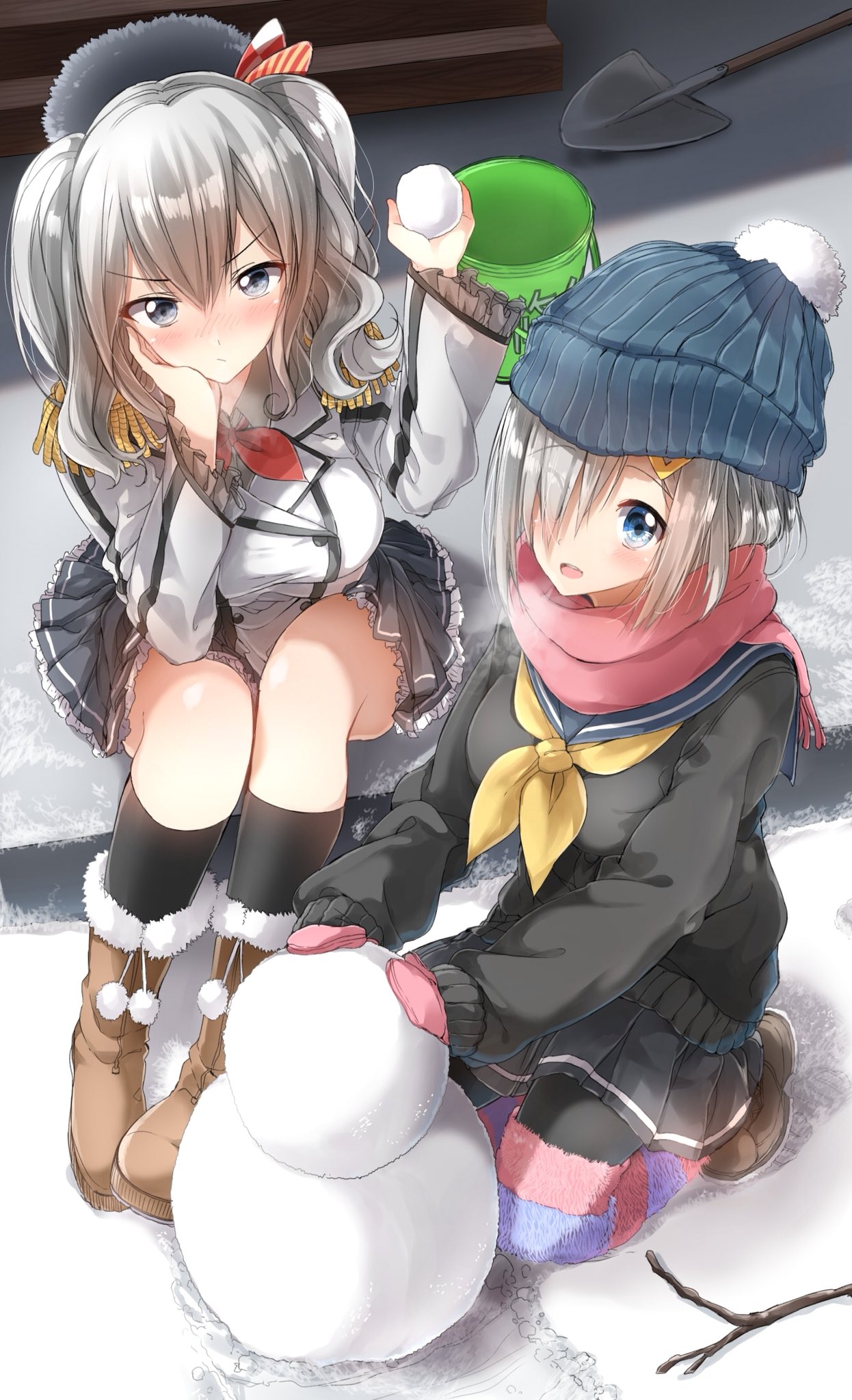 2girls :d arm_support beanie black_gloves black_hat black_skirt black_sweater blue_eyes blue_hat blush boots breasts breath brown_footwear bucket closed_mouth collared_shirt colored_stripes double-breasted eyebrows_visible_through_hair eyes_visible_through_hair frilled_skirt frilled_sleeves frills full_body fur-trimmed_boots fur_hat fur_trim gloves hair_ornament hair_over_one_eye hairclip hamakaze_(kantai_collection) hand_on_own_cheek hand_up hat highres holding kashima_(kantai_collection) knee_boots kneehighs kneeling leg_warmers long_hair long_sleeves looking_at_viewer medium_breasts military_jacket mittens multiple_girls neck_ribbon neckerchief open_mouth outdoors pantyhose pentagon_(railgun_ky1206) pleated_skirt red_ribbon ribbon shiny shiny_hair shirt short_hair shovel silver_hair sitting skirt smile snow snowball snowman stick striped sweater tareme twintails v-shaped_eyebrows wavy_hair wing_collar winter worktool yellow_neckwear
