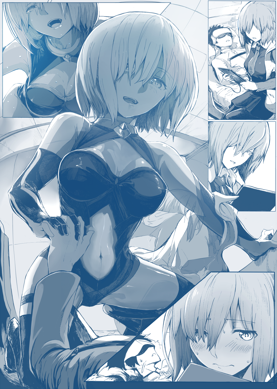 /\/\/\ 1boy 1girl armor armored_dress assertive blush closed_mouth collared_shirt comic commentary_request dress elbow_gloves embarrassed fate/grand_order fate_(series) fujimaru_ritsuka_(male) gloves hair_over_one_eye hand_holding highres interlocked_fingers jacket jacket_removed mash_kyrielight monochrome navel necktie on_person open_mouth round_teeth shirt short_hair smile sweatdrop syatey teeth thigh-highs thigh_strap uniform vr_visor wavy_mouth
