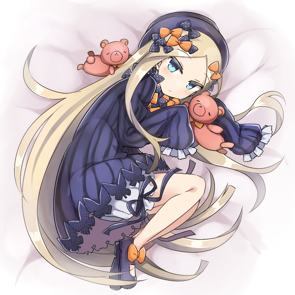 1girl abigail_williams_(fate/grand_order) bed_sheet black_bow black_dress black_footwear black_hat blonde_hair bloomers blue_eyes blush bow butterfly closed_mouth dress fate/grand_order fate_(series) full_body hands_in_sleeves hat long_hair long_sleeves looking_at_viewer looking_to_the_side lying mary_janes ohitashi_netsurou on_side orange_bow polka_dot polka_dot_bow shoes solo stuffed_animal stuffed_toy teddy_bear underwear very_long_hair white_bloomers