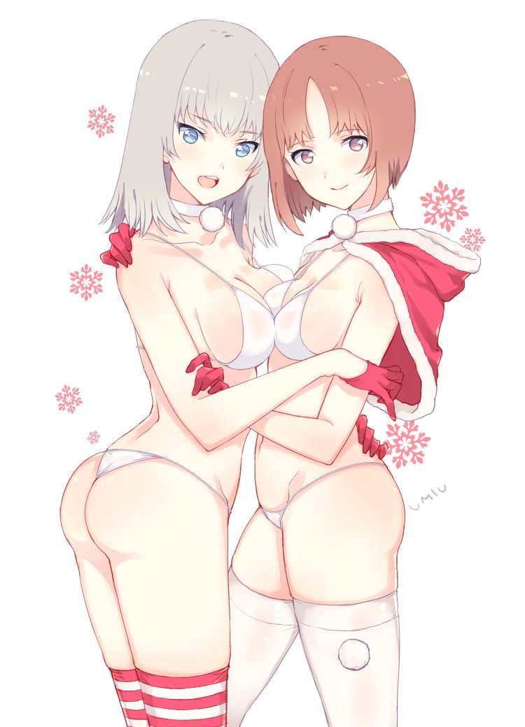 2girls :d artist_name bangs bikini blue_eyes breast_press breasts brown_hair capelet choker closed_mouth commentary_request contrapposto cowboy_shot from_side girls_und_panzer gloves grey_hair half_gloves hood hoodie itsumi_erika looking_at_viewer medium_breasts medium_hair multiple_girls navel nishizumi_miho open_mouth pom_pom_(clothes) red_gloves red_legwear short_hair simple_background small_breasts smile snowflake_background strap_gap swimsuit symmetrical_docking thigh-highs umiu_(hoge) white_background white_bikini white_legwear