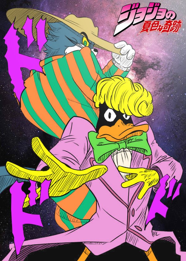 2boys angry animal black_eyes blonde_hair bowtie cat crossover daffy_duck duck gloves green_eyes hat jojo_no_kimyou_na_bouken jojo_pose looney_tunes no_humans parody pose space tom tom_and_jerry warner_bros zoot_suit