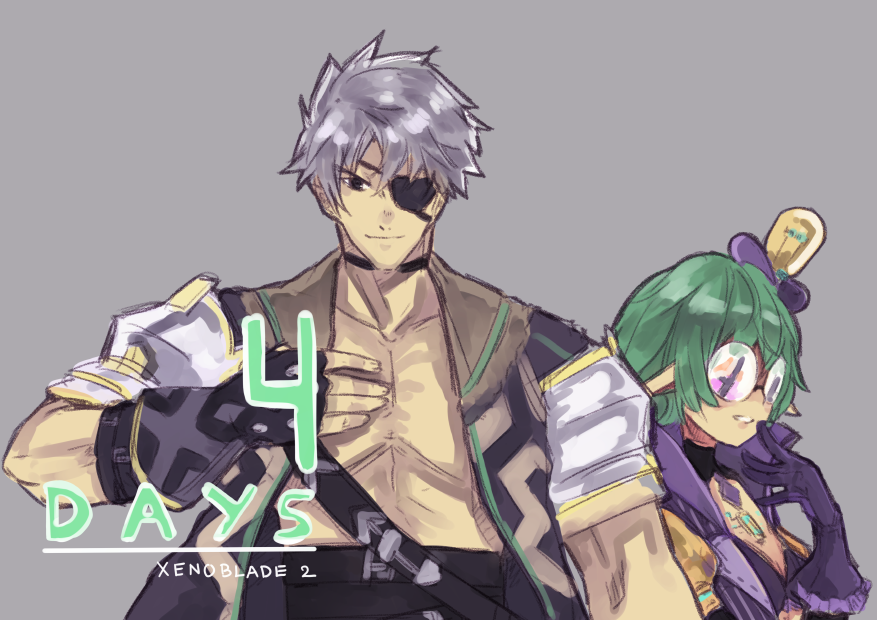 1boy 1girl countdown eyepatch fingerless_gloves glasses gloves green_hair grey_background hand_on_own_chest high_collar jacket number open_clothes open_jacket purple_gloves round_eyewear saika_(xenoblade) shadow2810 short_hair sieg_b_goku_genbu silver_hair simple_background xenoblade xenoblade_2