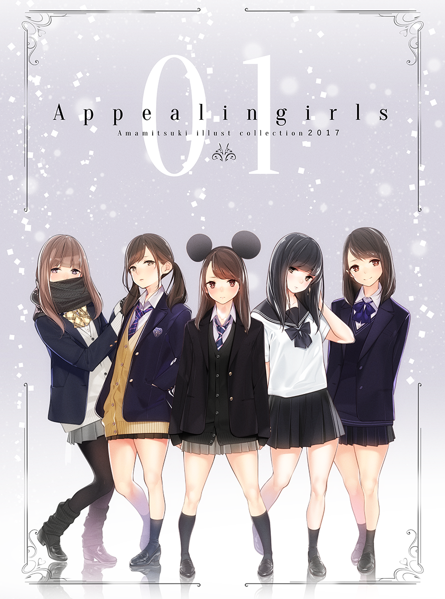 5girls ama_mitsuki animal_ears arms_at_sides arms_behind_back artist_name bangs black_bow black_hair black_jacket black_legwear black_scarf black_skirt blazer blue_bow blue_neckwear blunt_bangs blush border bow bowtie bright_pupils brown_footwear brown_hair brown_skirt closed_mouth collared_shirt cover cover_page covered_mouth emblem fake_animal_ears full_body gradient gradient_background grey_background grey_skirt hands_in_pockets highres jacket kneehighs leg_warmers legs_apart light_brown_hair loafers looking_at_viewer low_twintails miniskirt mouse_ears multiple_girls necktie open_blazer open_clothes open_jacket original pantyhose plaid plaid_bow plaid_neckwear pleated_skirt scarf school_uniform serafuku shirt shoes skirt sleeves_past_wrists smile socks standing striped_neckwear swept_bangs twintails violet_eyes white_shirt wing_collar yellow_bow yellow_neckwear