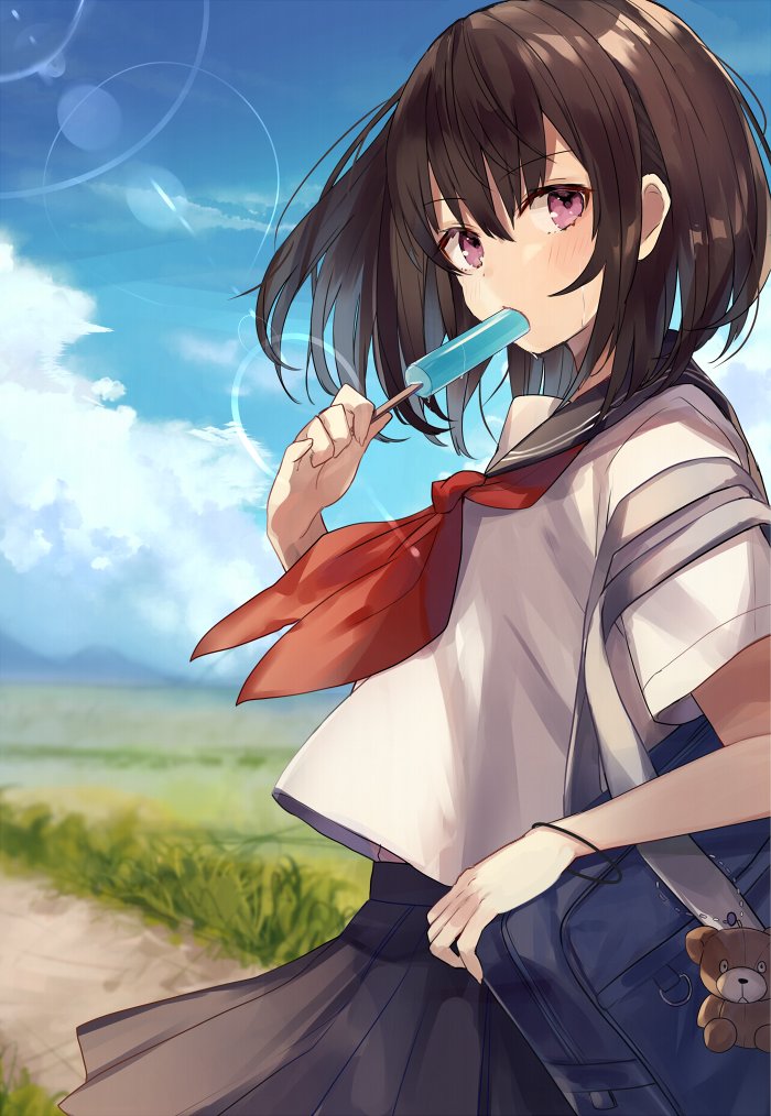 1girl bag_charm black_skirt blouse blue_sky blush bracelet brown_hair carrying_bag charm_(object) clouds cloudy_sky commentary_request cowboy_shot day dirt_road eating eyebrows_visible_through_hair food grass hair_between_eyes holding holding_food jewelry lens_flare looking_at_viewer neckerchief original outdoors pleated_skirt popsicle red_neckwear sailor_collar school_uniform serafuku short_hair short_sleeves shugao skirt sky solo standing sweat violet_eyes white_blouse