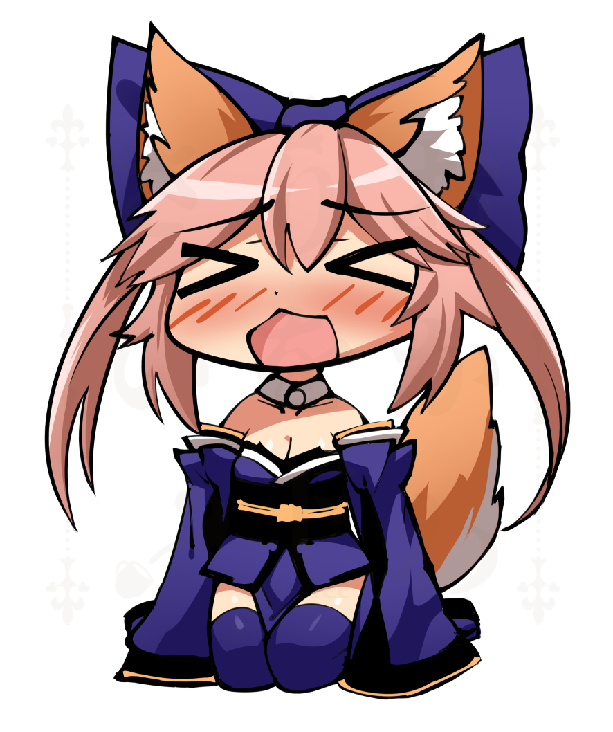 &gt;_&lt; 1girl 3: animal_ears bare_shoulders blue_footwear blue_kimono blush boots bow closed_eyes d: detached_collar detached_sleeves dot_nose eyebrows_visible_through_hair facial_hair fate/grand_order fate_(series) fox_ears fox_tail full_body hair_bow japanese_clothes kaafi kimono long_sleeves obi open_mouth pink_hair sash short_kimono simple_background sitting tail tamamo_(fate)_(all) tamamo_no_mae_(fate) thigh-highs thigh_boots twintails wariza white_background