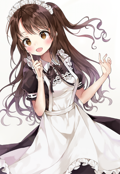1girl :d alternate_costume apron bangs blush brown_dress brown_eyes brown_hair collared_dress commentary_request dress dutch_angle enmaided eyebrows_visible_through_hair frilled_apron frills idolmaster idolmaster_cinderella_girls idolmaster_cinderella_girls_starlight_stage index_finger_raised lib long_hair looking_at_viewer maid maid_apron maid_headdress one_side_up open_mouth puffy_short_sleeves puffy_sleeves shimamura_uzuki short_sleeves simple_background smile solo very_long_hair white_apron white_background