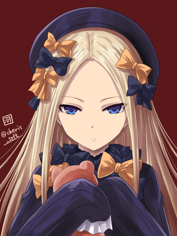 1girl abigail_williams_(fate/grand_order) black_bow black_hat black_shirt blonde_hair blue_eyes bow brown_background closed_mouth expressionless fate/grand_order fate_(series) hair_bow hands_in_sleeves hat haura_akitoshi holding holding_stuffed_animal long_hair long_sleeves looking_at_viewer orange_bow polka_dot polka_dot_bow shirt signature simple_background solo straight_hair stuffed_animal stuffed_toy teddy_bear tsurime twitter_username upper_body
