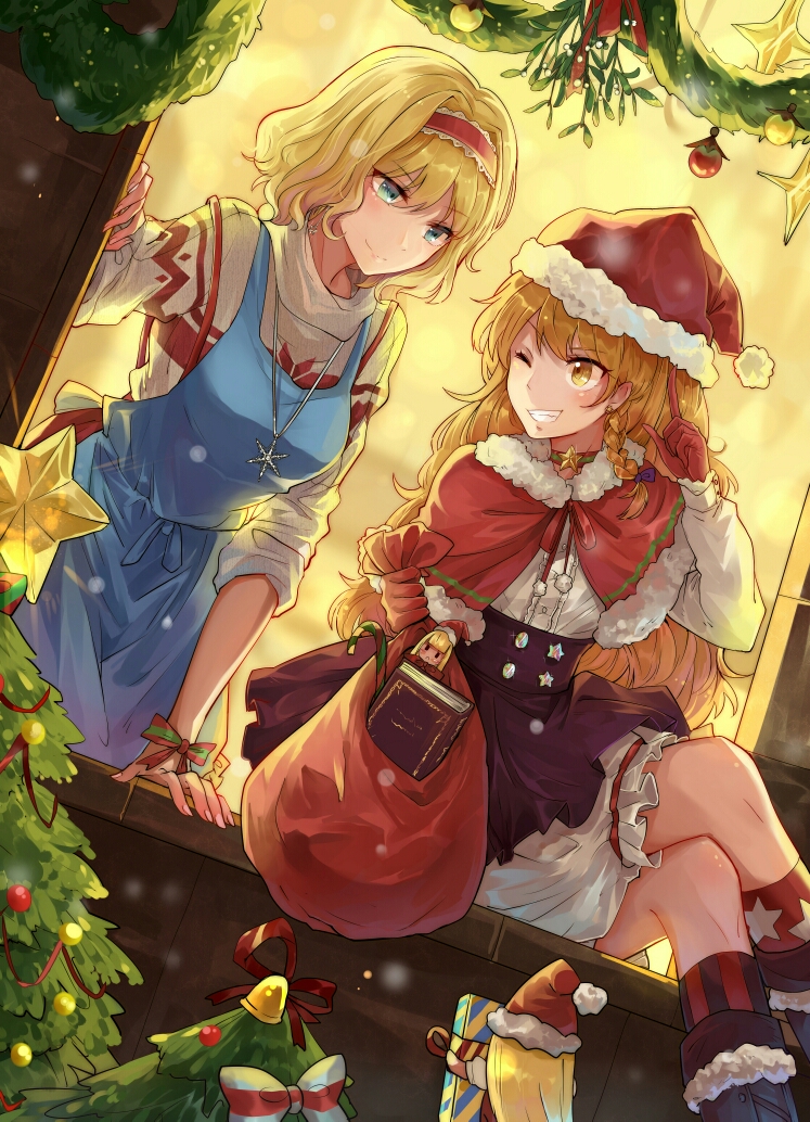 2girls aili_(aliceandoz) alice_margatroid alternate_costume apron bangs black_skirt blonde_hair bloomers blue_eyes book boots bow candy candy_cane capelet christmas_tree closed_mouth earrings food gloves grin hair_bow hairband hand_up hat high-waist_skirt holding index_finger_raised jewelry kirisame_marisa leaning_forward legs_crossed long_sleeves multiple_girls one_eye_closed pendant purple_bow red_gloves red_hairband red_hat sack santa_hat shanghai_doll sitting skirt smile snowing teeth touhou underwear winter yellow_eyes