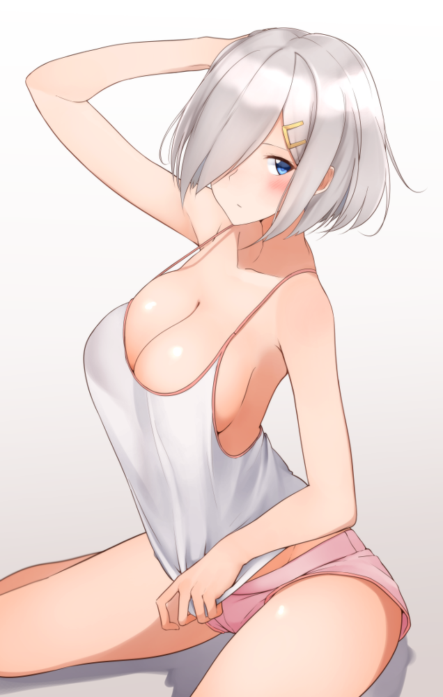 1girl bad_anatomy blue_eyes blush breasts cleavage collarbone hair_ornament hair_over_one_eye hairclip hamakaze_(kantai_collection) hechi_(hechi322) kantai_collection large_breasts shadow short_hair sideboob silver_hair solo