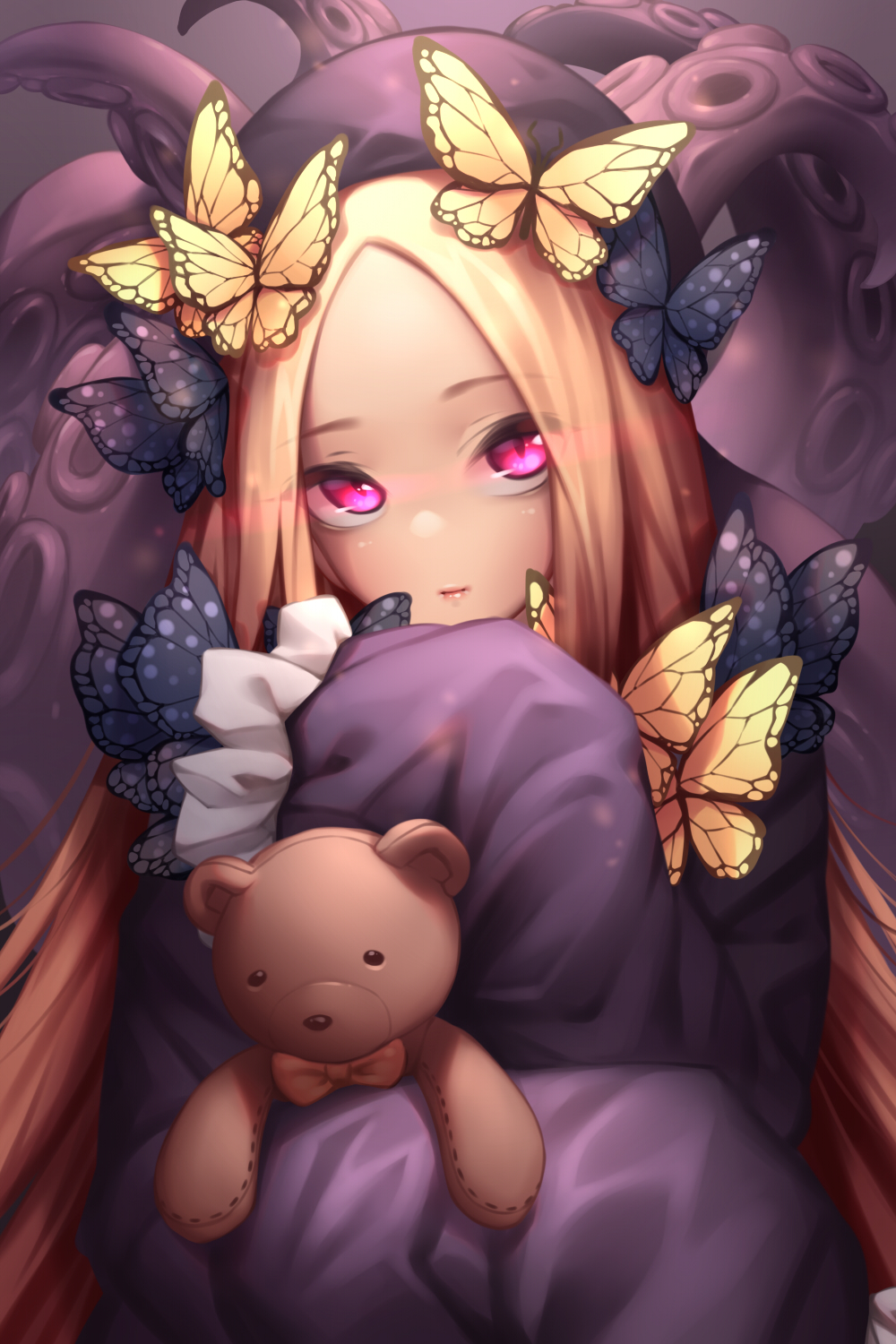 1girl abigail_williams_(fate/grand_order) bangs black_bow black_dress black_hat blonde_hair bow butterfly closed_mouth commentary_request dress eyebrows_visible_through_hair fate/grand_order fate_(series) hair_bow hands_in_sleeves hat head_tilt highres long_hair long_sleeves looking_at_viewer object_hug orange_bow parted_bangs pink_eyes polka_dot polka_dot_bow solo stuffed_animal stuffed_toy suction_cups teddy_bear tentacle very_long_hair yin-ting_tian