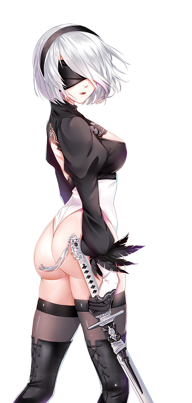 1girl ass black_legwear blindfold boots breasts feather_trim hairband highres holding holding_sword holding_weapon juliet_sleeves leotard lipstick long_sleeves makeup medium_breasts mole mole_under_mouth nier_(series) nier_automata puffy_sleeves short_hair simple_background solo sword thigh-highs thigh_boots weapon white_background white_hair xixi yorha_no._2_type_b