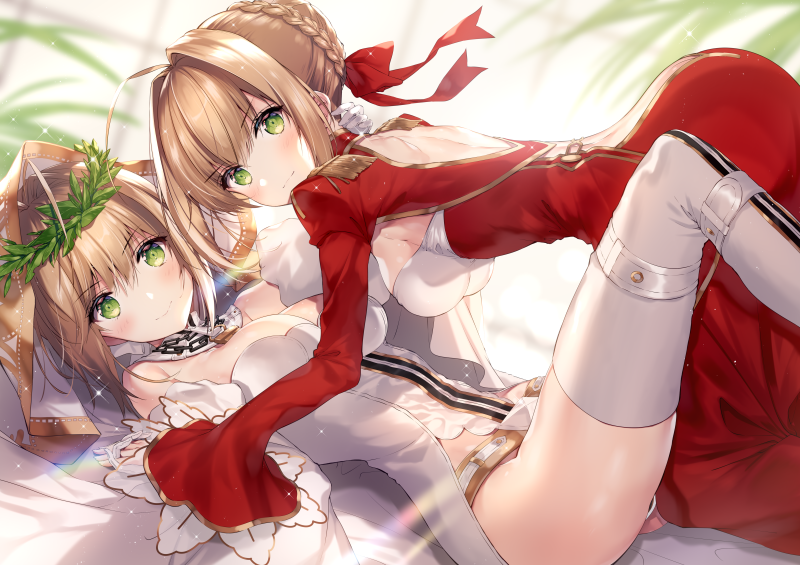 2girls ahoge all_fours arched_back back backlighting bangs bed_sheet belt blurry blurry_background blush braid breasts bridal_veil chains cleavage closed_mouth depth_of_field detached_collar detached_sleeves dress epaulettes eyebrows_visible_through_hair fate/extra fate_(series) girl_on_top hair_intakes hair_ribbon hand_holding hanging_breasts juliet_sleeves knees_up leotard light_particles lock long_sleeves looking_at_viewer looking_to_the_side lying medium_breasts multiple_girls necomi nero_claudius_(bride)_(fate) nero_claudius_(fate) nero_claudius_(fate)_(all) on_back open-back_dress padlock puffy_sleeves red_dress red_ribbon ribbon short_hair shoulder_blades sideboob smug tareme thigh-highs v-shaped_eyebrows veil white_legwear white_leotard yuri