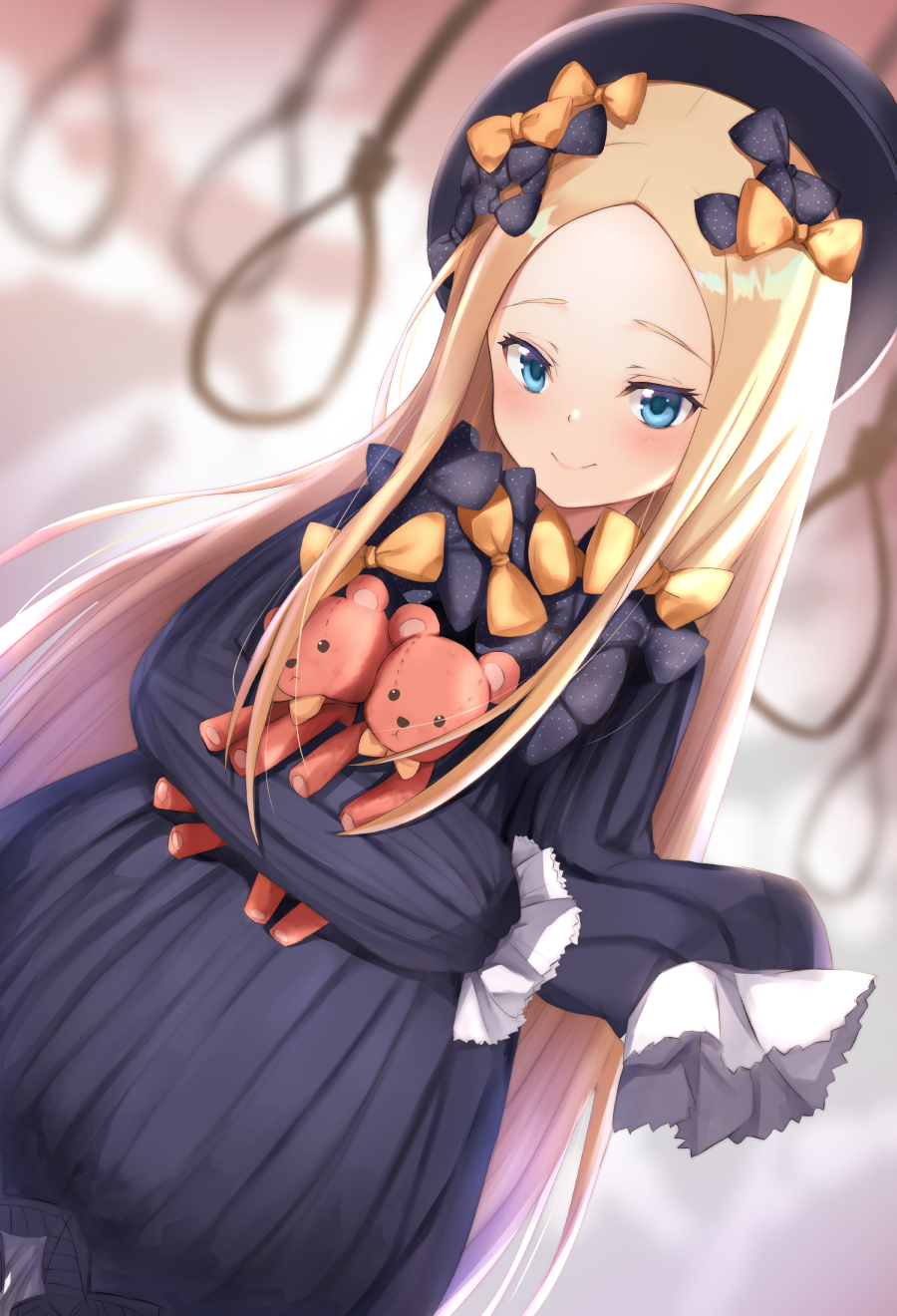 1girl abigail_williams_(fate/grand_order) bangs black_bow black_dress black_hat blonde_hair blue_eyes blurry blurry_background blush bow butterfly closed_mouth commentary_request depth_of_field dress dutch_angle fate/grand_order fate_(series) hair_bow hands_in_sleeves hat highres long_sleeves looking_at_viewer maosame noose object_hug orange_bow parted_bangs polka_dot polka_dot_bow rope smile solo stuffed_animal stuffed_toy teddy_bear