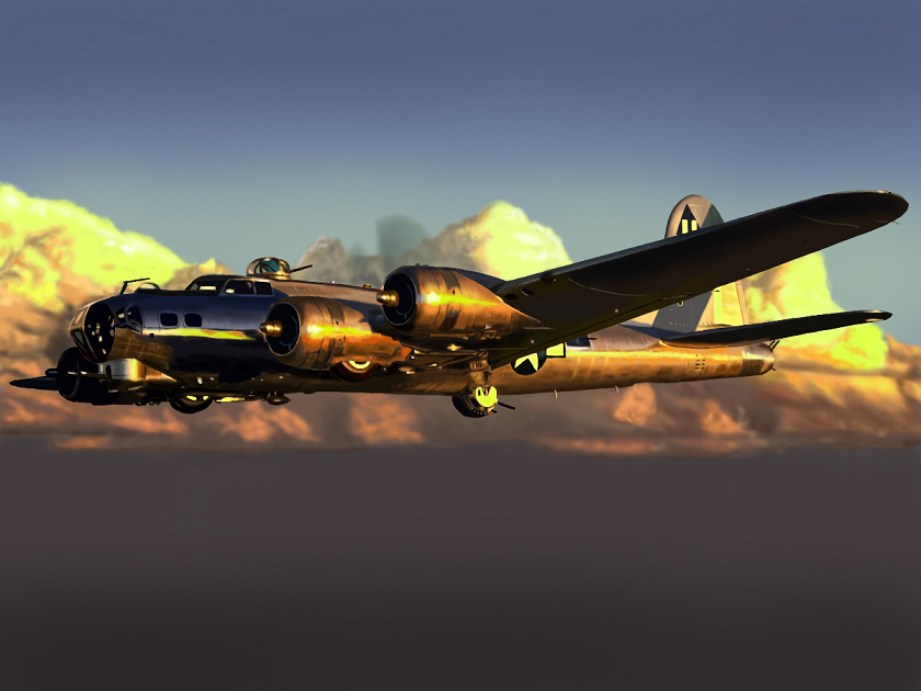 aircraft airplane b-17_flying_fortress bomber colored commentary_request derivative_work flying from_below fuyunobu gun machine_gun military military_vehicle no_humans scenery sunset turret weapon world_war_ii