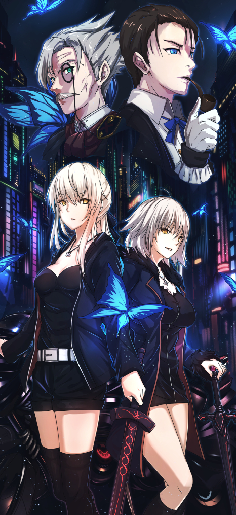 2boys 2girls ahoge antiqq artoria_pendragon_(all) bangs black_jacket breasts butterfly closed_mouth cowboy_shot dark_excalibur dress fate/grand_order fate_(series) fur_trim holding holding_sword holding_weapon jacket james_moriarty_(fate/grand_order) jeanne_d'arc_(alter)_(fate) jeanne_d'arc_(fate)_(all) jewelry long_sleeves looking_at_viewer low_ponytail medium_breasts monocle multiple_boys multiple_girls necklace open_clothes open_jacket parted_lips pipe saber_alter sherlock_holmes_(fate/grand_order) short_dress short_shorts shorts silver_hair small_breasts smile sword upper_body weapon yellow_eyes