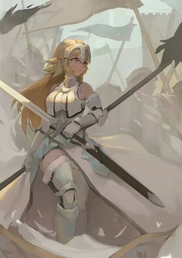 1girl bare_shoulders blonde_hair breasts fate/apocrypha fate_(series) fur-trimmed_legwear fur_trim headpiece jeanne_d'arc_(fate)_(all) large_breasts long_hair sheath sword thigh-highs thighs weapon zwc1271750321